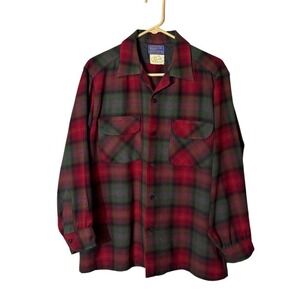 Vtg 60s Pendleton USA Mens Medium Plaid Button Down Wool Board Shirt Red Ranch